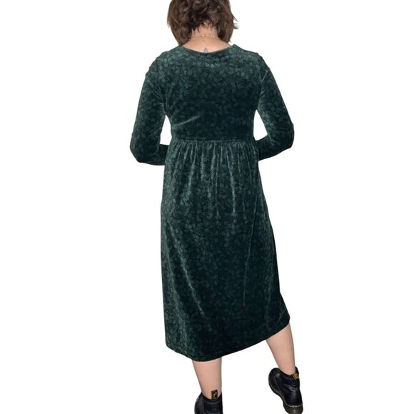 Vintage LL Bean 90s Velour Holly Print Midi Dress Green Holiday Christmas S/ M - Picture 6 of 15